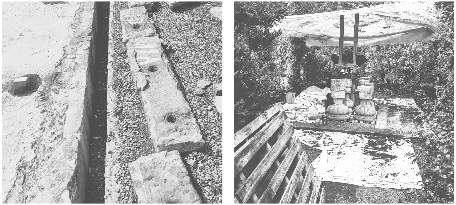 In foto: Apertura della scolina nella Terrazza dell’Elettrice (a sinistra) / Restauro delle sedute in pietra nella Sala ottagonale della Ragnaia (a destra).
